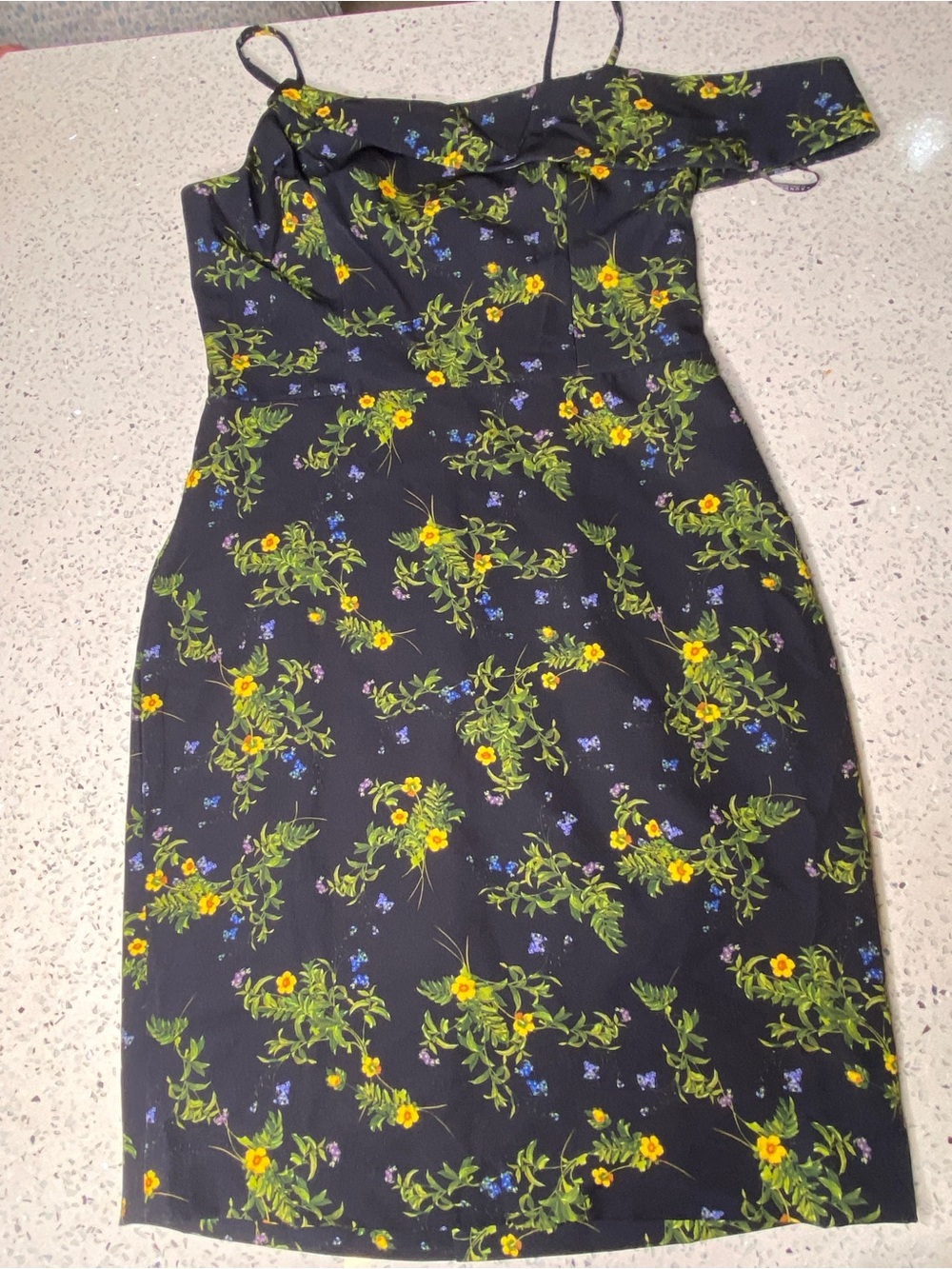 Floral Off-Shoulder Bodycon Dress - Black with Yellow & Green Print - Picture 1 of 5